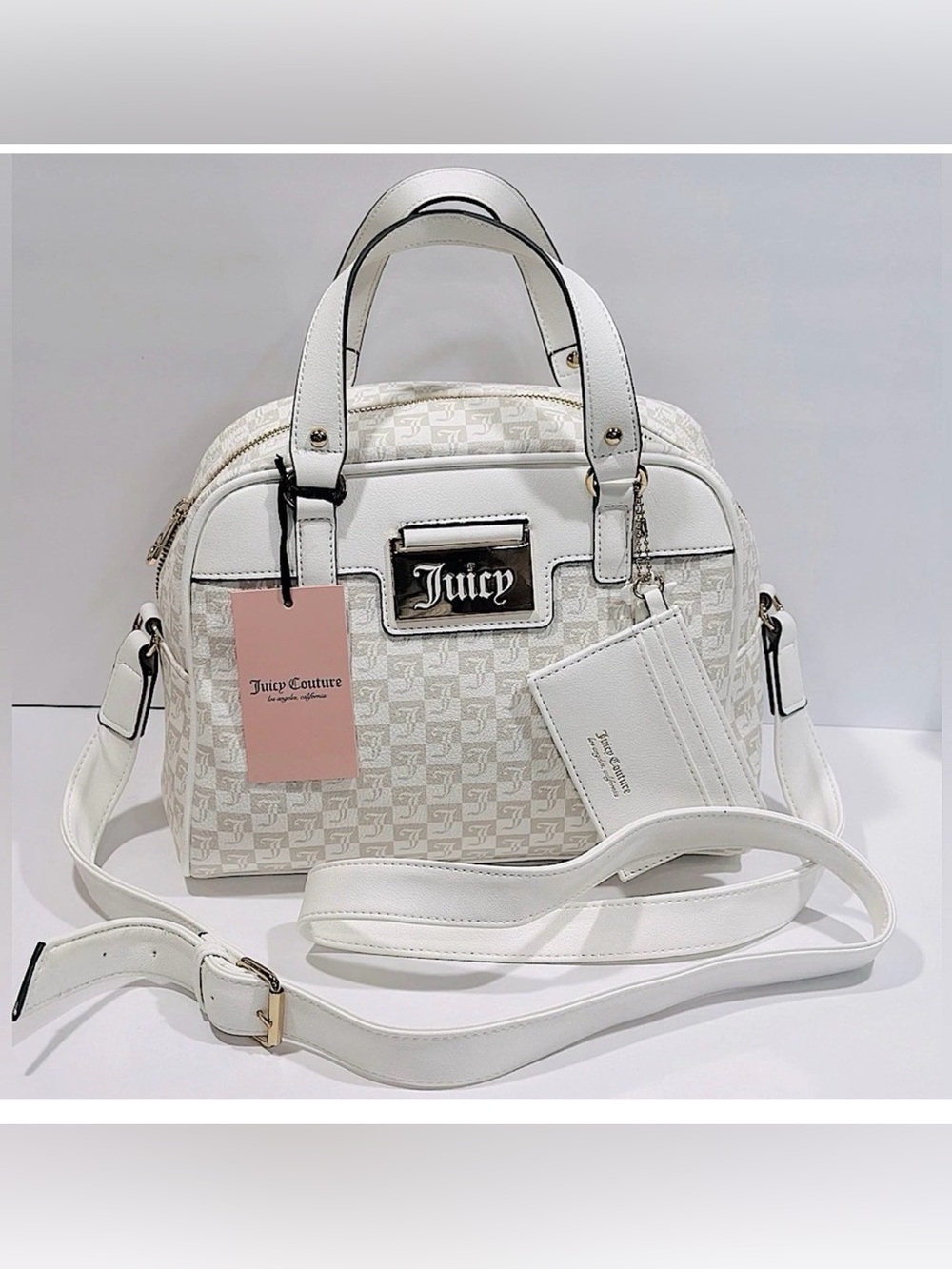 Juicy Couture White Logo Dome Satchel with Cardholder and Removable Strap